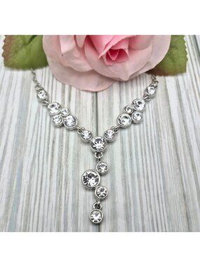 Crystal Y Drop Necklace Silver Tone Chain Formal Jewelry 19"